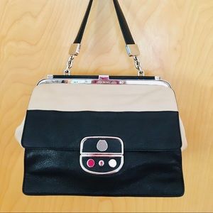 Jason Wu Luxury Black / Beige Leather Frame Kisslock Purse Satchel Handbag w/Owl